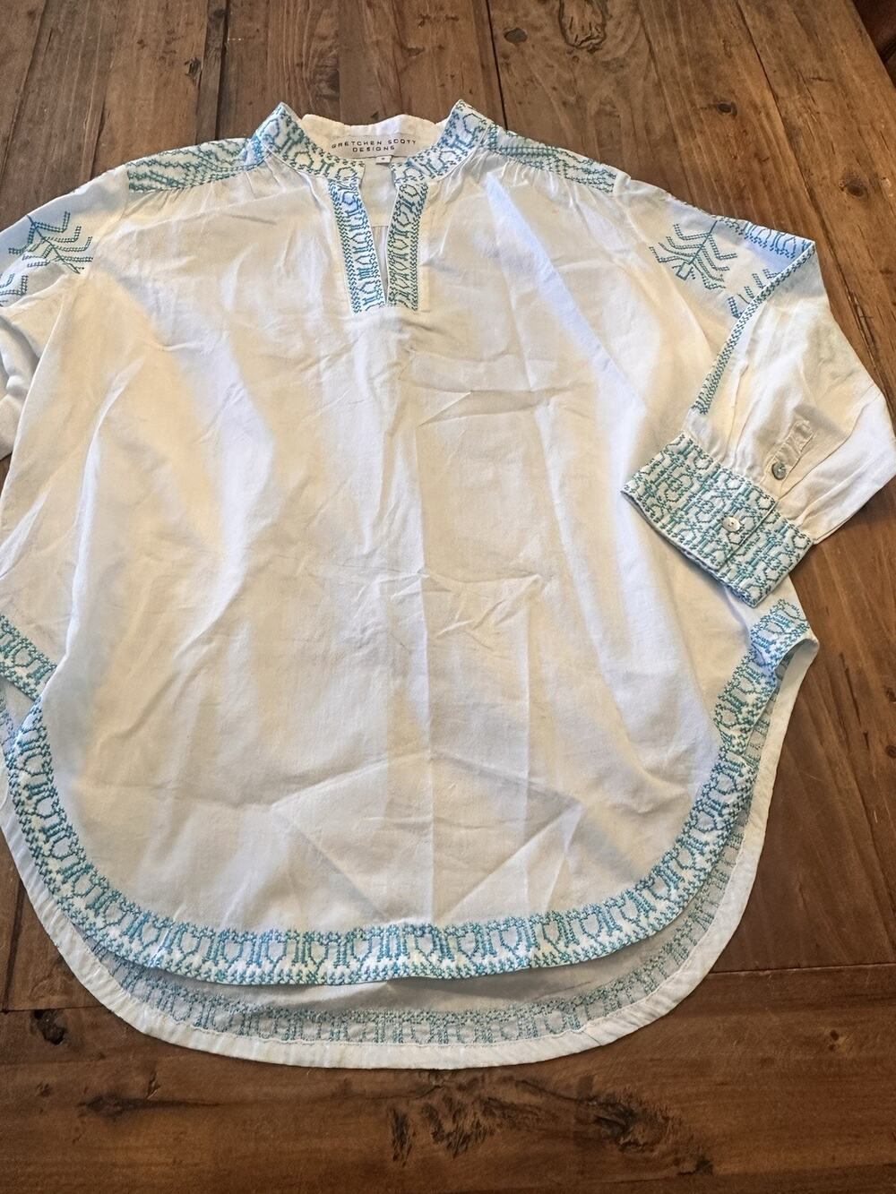 Gretchen Scott Tunic Top Size Small Embroidered Blouse Shirt Coastal Boho